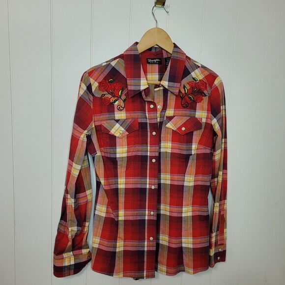 Wrangler Retro Women Size S Pearl Snap Western Shirt Cowgirl Rodeo Plaid Roses - Picture 4 of 9